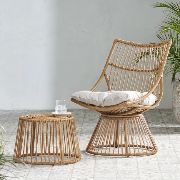 Wicker outdoor chair and side table set with cushions; light brown and beige