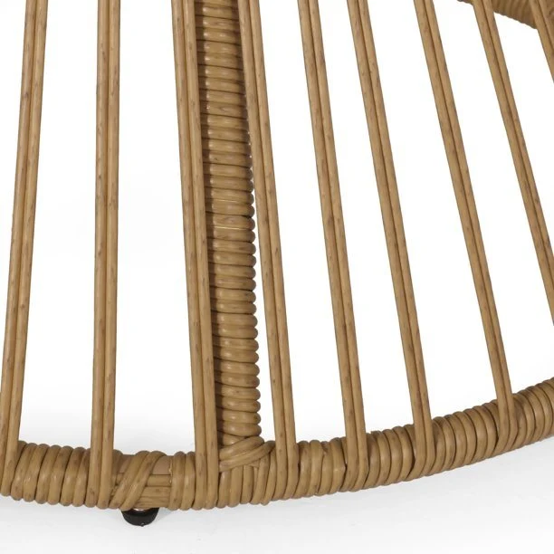 Wicker outdoor chair and side table set with cushions; light brown and beige