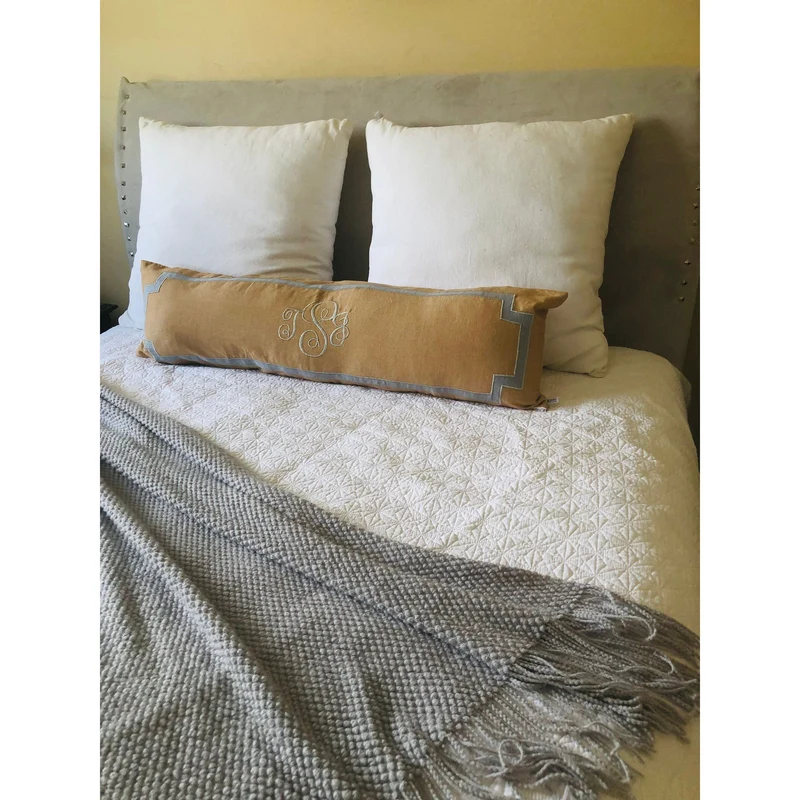 Long Monogrammed Beige Pillow Covers, Long Personalized Lumbar Pillow Covers