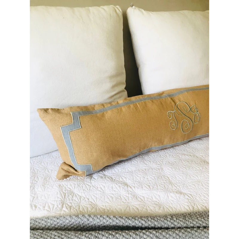 Long Monogrammed Beige Pillow Covers, Long Personalized Lumbar Pillow Covers