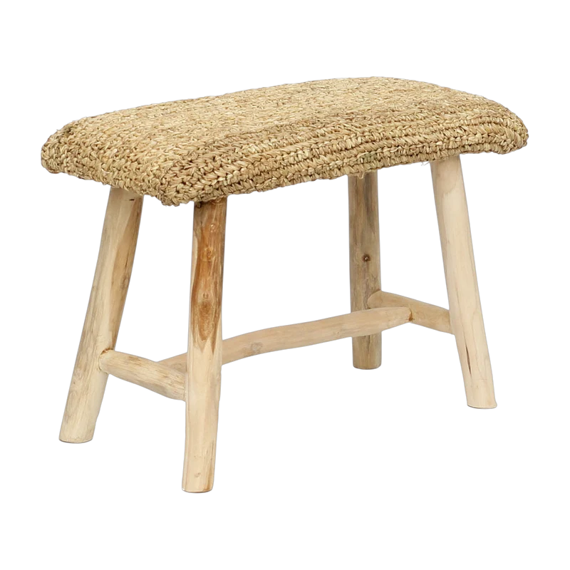 Banc en teck massif et raffia naturel beige 60x28x45cm Raffia - Bazar Bizar