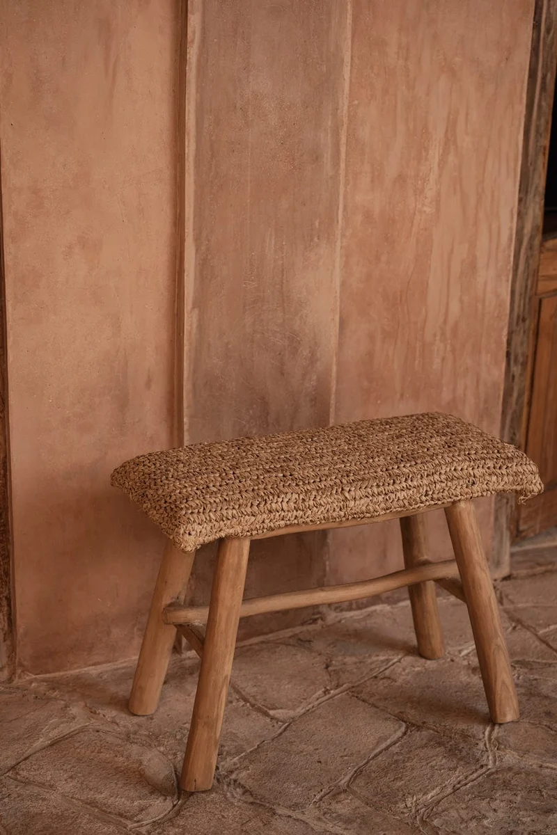 Banc en teck massif et raffia naturel beige 60x28x45cm Raffia - Bazar Bizar