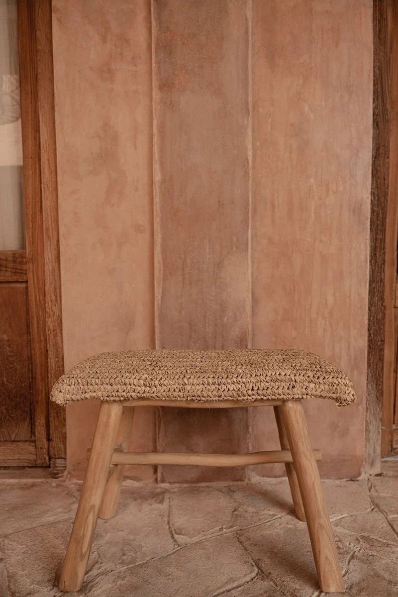 Banc en teck massif et raffia naturel beige 60x28x45cm Raffia - Bazar Bizar
