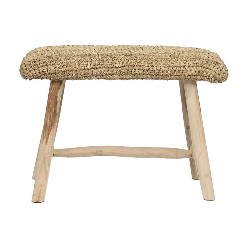 Banc en teck massif et raffia naturel beige 60x28x45cm Raffia - Bazar Bizar
