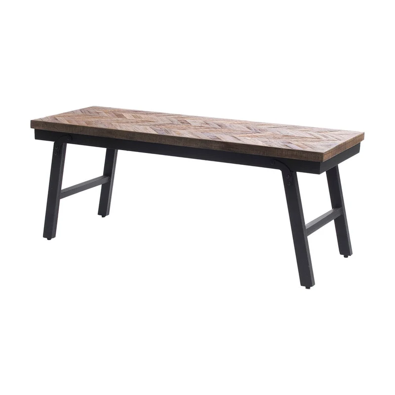 Banc en teck naturel chevrons et fer noir 110x40x45cm Herringbone - Bazar Bizar
