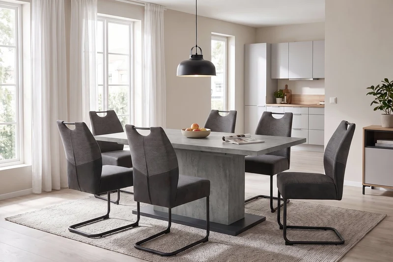 Esszimmertisch ATHEN / Light Atelier (Beton-Optik), Old Wood (Altholz-Optik) oder Artisan Eiche (Eiche-Optik) / großer Auszugstisch 160 cm bis 200 cm / Säulentisch mit Ausziehfunktion / Tisch mit Synchronauszug und Einlegeplatte / 160-200 x 90, H 75 cm