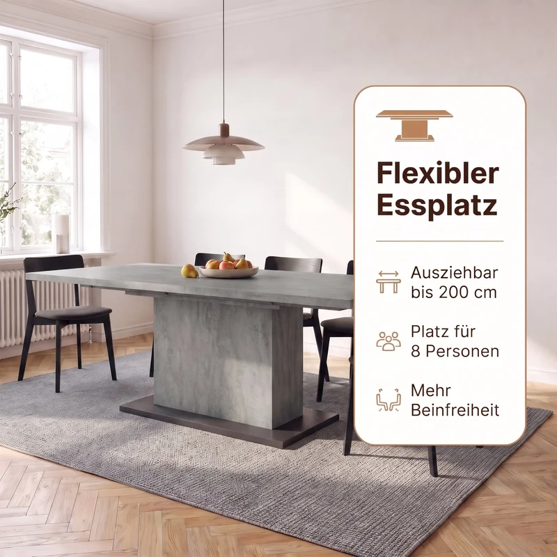 Esszimmertisch ATHEN / Light Atelier (Beton-Optik), Old Wood (Altholz-Optik) oder Artisan Eiche (Eiche-Optik) / großer Auszugstisch 160 cm bis 200 cm / Säulentisch mit Ausziehfunktion / Tisch mit Synchronauszug und Einlegeplatte / 160-200 x 90, H 75 cm