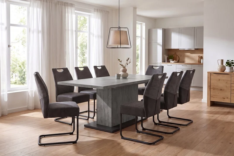 Esszimmertisch ATHEN / Light Atelier (Beton-Optik), Old Wood (Altholz-Optik) oder Artisan Eiche (Eiche-Optik) / großer Auszugstisch 160 cm bis 200 cm / Säulentisch mit Ausziehfunktion / Tisch mit Synchronauszug und Einlegeplatte / 160-200 x 90, H 75 cm