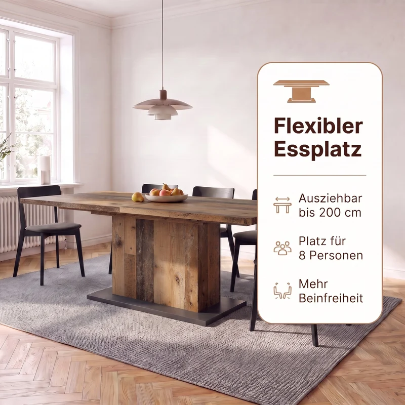 Esszimmertisch ATHEN / Light Atelier (Beton-Optik), Old Wood (Altholz-Optik) oder Artisan Eiche (Eiche-Optik) / großer Auszugstisch 160 cm bis 200 cm / Säulentisch mit Ausziehfunktion / Tisch mit Synchronauszug und Einlegeplatte / 160-200 x 90, H 75 cm