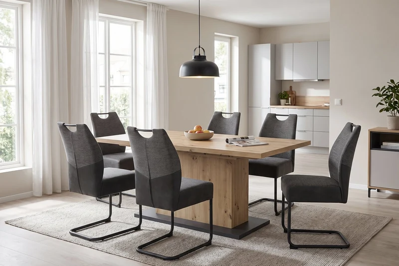 Esszimmertisch ATHEN / Light Atelier (Beton-Optik), Old Wood (Altholz-Optik) oder Artisan Eiche (Eiche-Optik) / großer Auszugstisch 160 cm bis 200 cm / Säulentisch mit Ausziehfunktion / Tisch mit Synchronauszug und Einlegeplatte / 160-200 x 90, H 75 cm