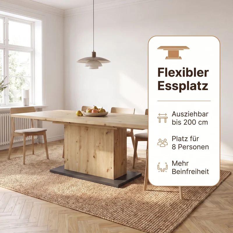 Esszimmertisch ATHEN / Light Atelier (Beton-Optik), Old Wood (Altholz-Optik) oder Artisan Eiche (Eiche-Optik) / großer Auszugstisch 160 cm bis 200 cm / Säulentisch mit Ausziehfunktion / Tisch mit Synchronauszug und Einlegeplatte / 160-200 x 90, H 75 cm