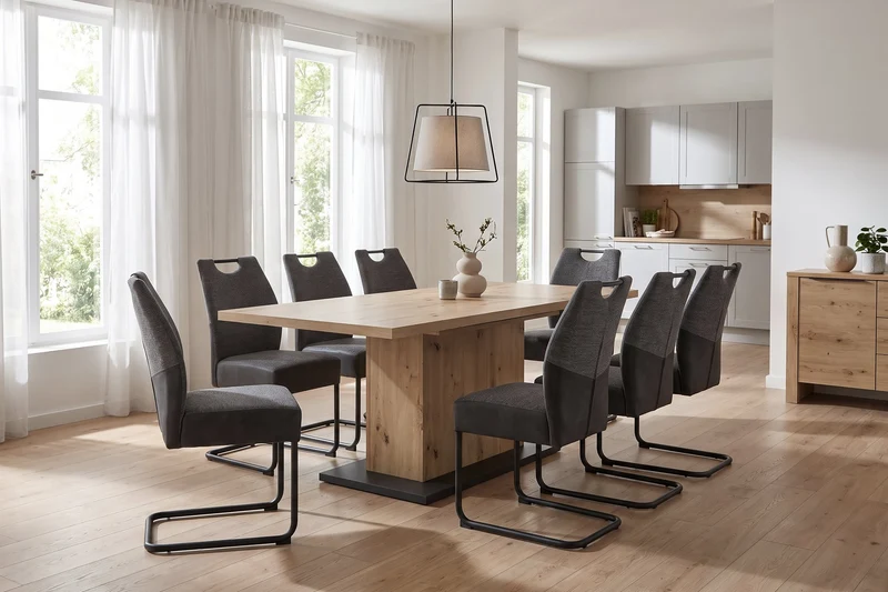 Esszimmertisch ATHEN / Light Atelier (Beton-Optik), Old Wood (Altholz-Optik) oder Artisan Eiche (Eiche-Optik) / großer Auszugstisch 160 cm bis 200 cm / Säulentisch mit Ausziehfunktion / Tisch mit Synchronauszug und Einlegeplatte / 160-200 x 90, H 75 cm