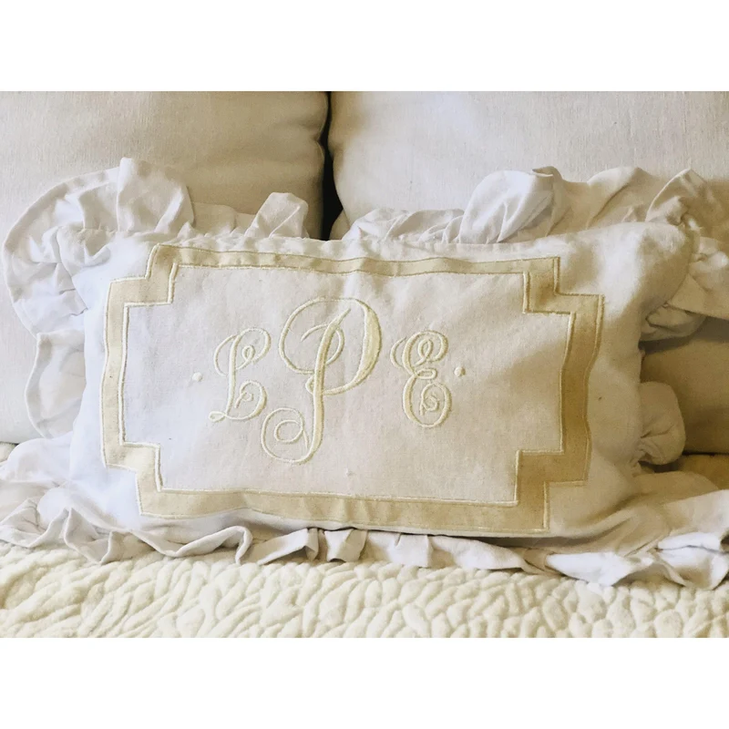 Vintage White Lumbar Ruffle Pillow Covers, Ruffle Lumbar Monogram Throw Pillow Covers