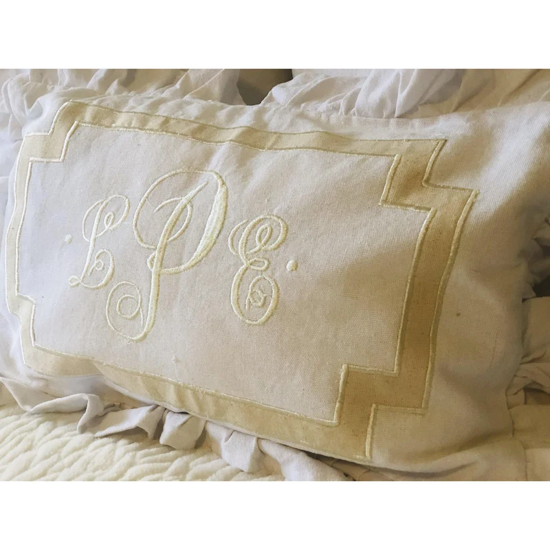 Vintage White Lumbar Ruffle Pillow Covers, Ruffle Lumbar Monogram Throw Pillow Covers