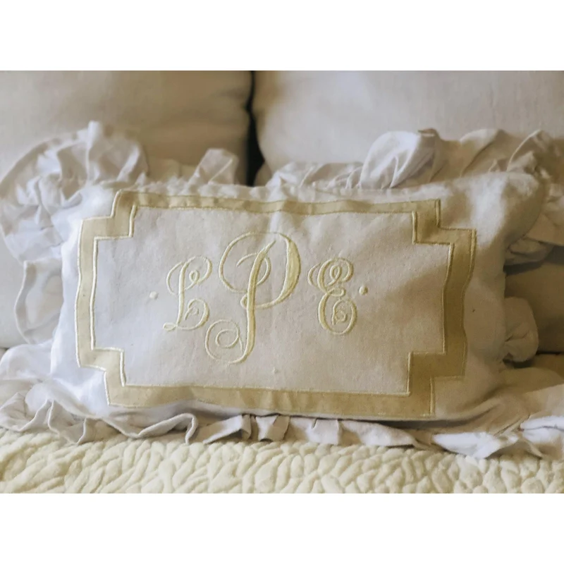 Vintage White Lumbar Ruffle Pillow Covers, Ruffle Lumbar Monogram Throw Pillow Covers