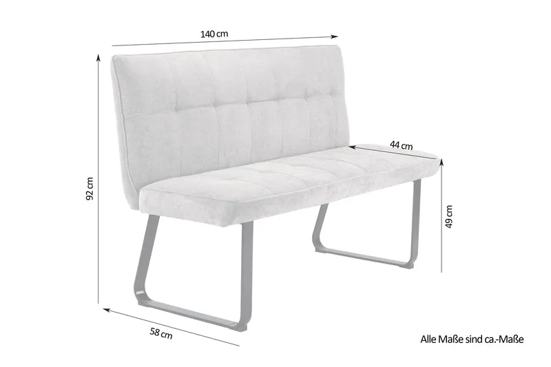 Bank Talea / Moderne Sitzbank mit einem Webstoff-Bezug in dunkelgrau oder hellgrau / Metall Gestell schwarz pulverbeschichtet / Bank mit Rückenlehne / B 140 oder 160, H 92, T 59 cm
