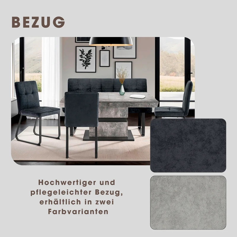 Bank Talea / Moderne Sitzbank mit einem Webstoff-Bezug in dunkelgrau oder hellgrau / Metall Gestell schwarz pulverbeschichtet / Bank mit Rückenlehne / B 140 oder 160, H 92, T 59 cm