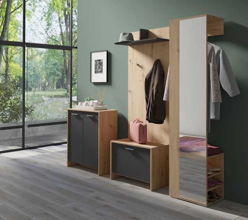 Flurgarderobe BEN / Garderobe Artisan Eiche (Eiche-Optik), Old Wood (Altholz-Optik), weiß oder anthrazit / mit Spiegel / Spiegelschrank für den Flur mit Kleiderstange und Ablage / B 40, H 184, T 35 cm