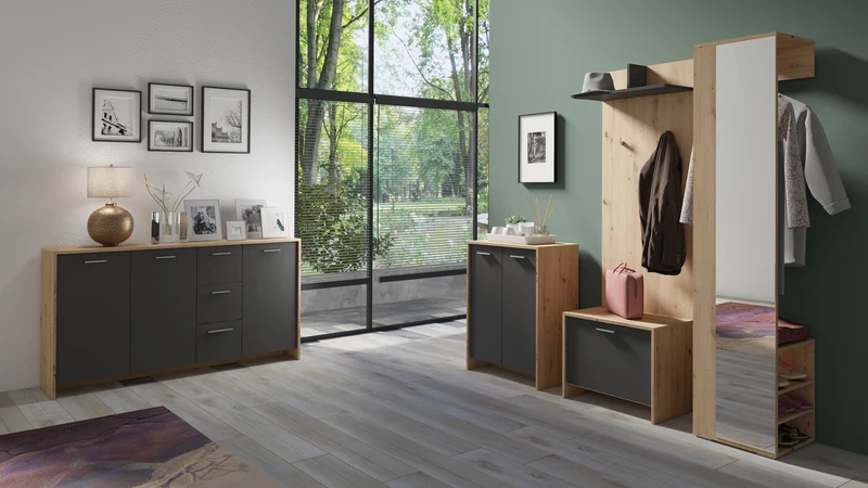 Flurgarderobe BEN / Garderobe Artisan Eiche (Eiche-Optik), Old Wood (Altholz-Optik), weiß oder anthrazit / mit Spiegel / Spiegelschrank für den Flur mit Kleiderstange und Ablage / B 40, H 184, T 35 cm