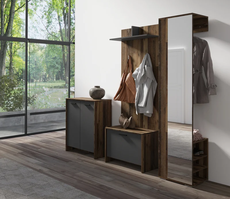 Flurgarderobe BEN / Garderobe Artisan Eiche (Eiche-Optik), Old Wood (Altholz-Optik), weiß oder anthrazit / mit Spiegel / Spiegelschrank für den Flur mit Kleiderstange und Ablage / B 40, H 184, T 35 cm
