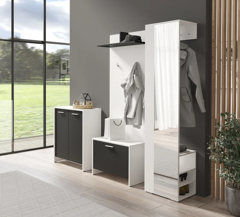 Flurgarderobe BEN / Garderobe Artisan Eiche (Eiche-Optik), Old Wood (Altholz-Optik), weiß oder anthrazit / mit Spiegel / Spiegelschrank für den Flur mit Kleiderstange und Ablage / B 40, H 184, T 35 cm