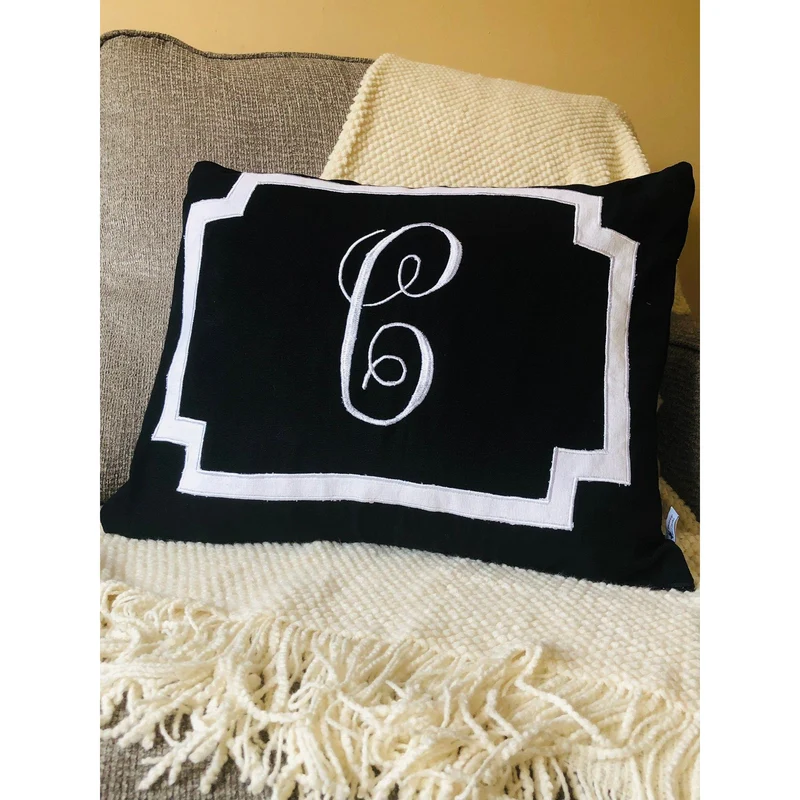 Monogram Black Decorative Throw Pillows, Personalized Sofa Throw Pillows