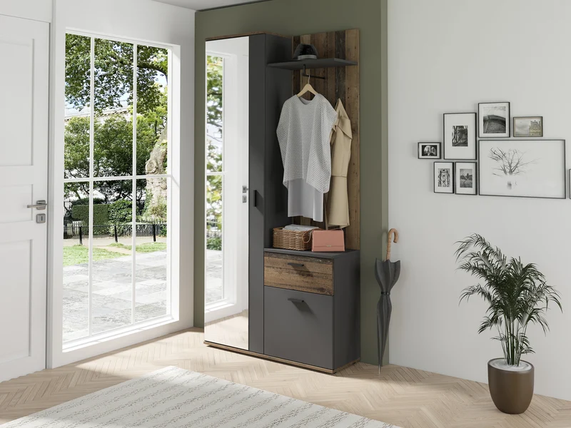 Kompakt-Garderobe JAKOB / in Old Wood (Altholz-Optik), Artisan Eiche (Eiche-Optik) oder weiß / Garderobe mit großer Spiegeltür / Fest montiertes Set / Kommode / Schuh-Schrank / B 97, H 195, T 30 cm