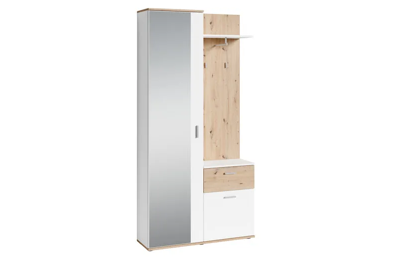 Kompakt-Garderobe JAKOB / in Old Wood (Altholz-Optik), Artisan Eiche (Eiche-Optik) oder weiß / Garderobe mit großer Spiegeltür / Fest montiertes Set / Kommode / Schuh-Schrank / B 97, H 195, T 30 cm