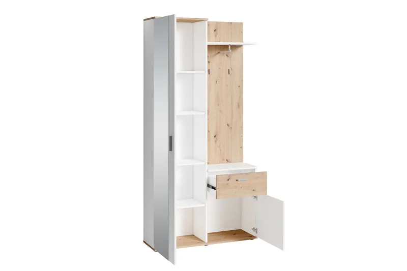 Kompakt-Garderobe JAKOB / in Old Wood (Altholz-Optik), Artisan Eiche (Eiche-Optik) oder weiß / Garderobe mit großer Spiegeltür / Fest montiertes Set / Kommode / Schuh-Schrank / B 97, H 195, T 30 cm