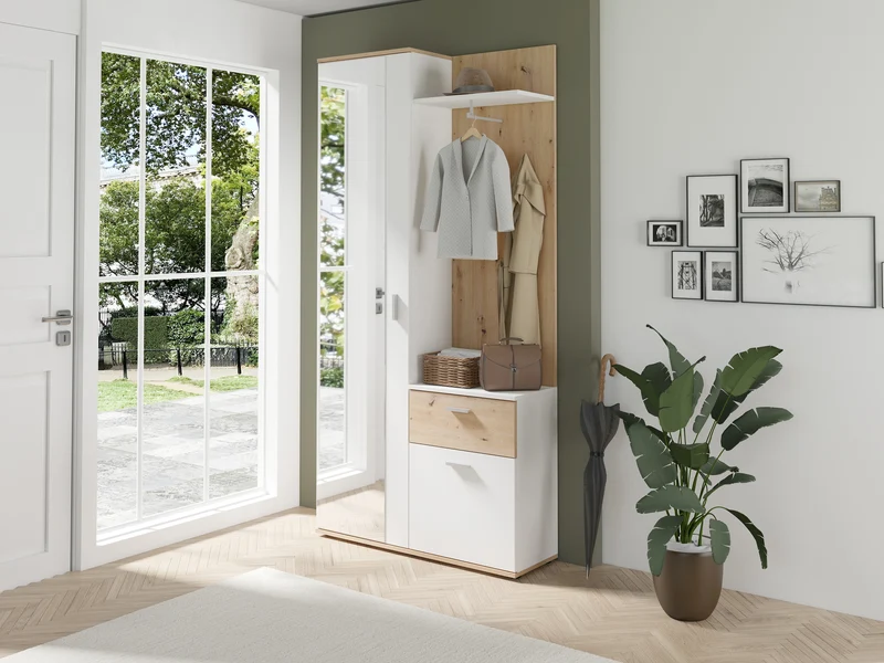 Kompakt-Garderobe JAKOB / in Old Wood (Altholz-Optik), Artisan Eiche (Eiche-Optik) oder weiß / Garderobe mit großer Spiegeltür / Fest montiertes Set / Kommode / Schuh-Schrank / B 97, H 195, T 30 cm