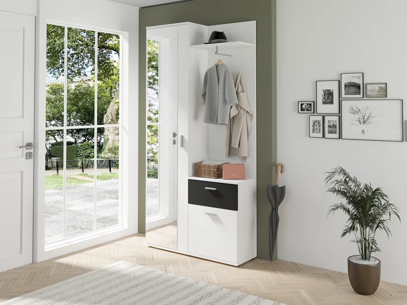 Kompakt-Garderobe JAKOB / in Old Wood (Altholz-Optik), Artisan Eiche (Eiche-Optik) oder weiß / Garderobe mit großer Spiegeltür / Fest montiertes Set / Kommode / Schuh-Schrank / B 97, H 195, T 30 cm