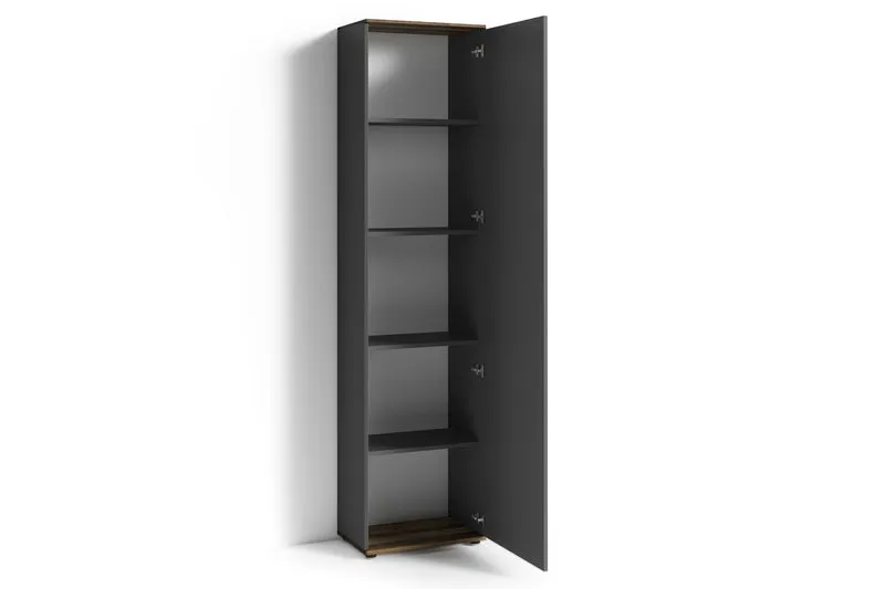 Spiegel-Schrank JAKOB / Eintüriger Hochschrank mit Spiegeltür / Artisan Eiche (Eiche-Optik), weiß oder Old Wood (Altholz-Optik) / Griffe silber oder schwarz / Tür variabel rechts oder links / 5 Fächer / Garderoben-Schrank / B 49, H 196, T 30 cm