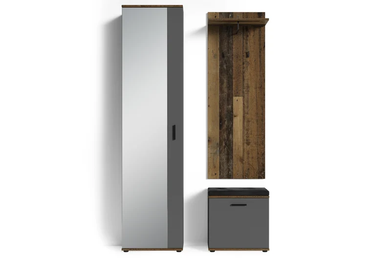 Spiegel-Schrank JAKOB / Eintüriger Hochschrank mit Spiegeltür / Artisan Eiche (Eiche-Optik), weiß oder Old Wood (Altholz-Optik) / Griffe silber oder schwarz / Tür variabel rechts oder links / 5 Fächer / Garderoben-Schrank / B 49, H 196, T 30 cm