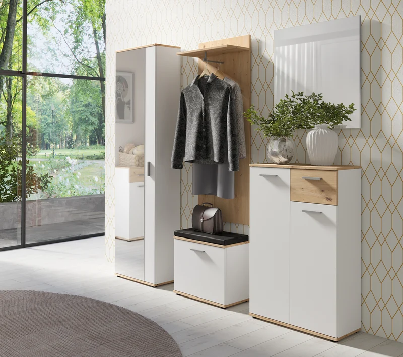 Spiegel-Schrank JAKOB / Eintüriger Hochschrank mit Spiegeltür / Artisan Eiche (Eiche-Optik), weiß oder Old Wood (Altholz-Optik) / Griffe silber oder schwarz / Tür variabel rechts oder links / 5 Fächer / Garderoben-Schrank / B 49, H 196, T 30 cm