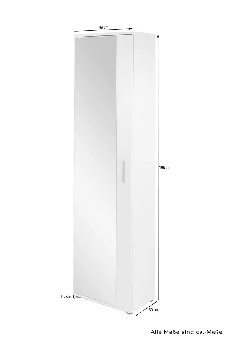 Spiegel-Schrank JAKOB / Eintüriger Hochschrank mit Spiegeltür / Artisan Eiche (Eiche-Optik), weiß oder Old Wood (Altholz-Optik) / Griffe silber oder schwarz / Tür variabel rechts oder links / 5 Fächer / Garderoben-Schrank / B 49, H 196, T 30 cm