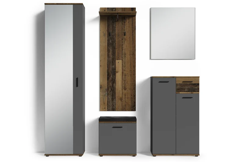 Sitzbank JAKOB / Hocker in Artisan Eiche (Eiche-Optik), schwarz oder Old Wood (Altholz-Optik) mit schwarzem Kunstleder Sitzkissen / Schuhschrank mit Tür / zwei Fächer / Garderoben-Kommode / Schuh-Bank / B 48,5 H 49, T 30 cm