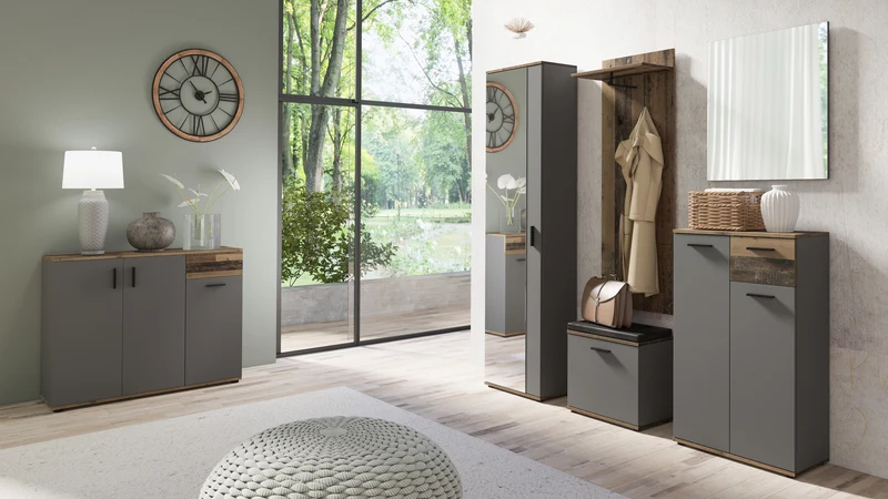 Sitzbank JAKOB / Hocker in Artisan Eiche (Eiche-Optik), schwarz oder Old Wood (Altholz-Optik) mit schwarzem Kunstleder Sitzkissen / Schuhschrank mit Tür / zwei Fächer / Garderoben-Kommode / Schuh-Bank / B 48,5 H 49, T 30 cm