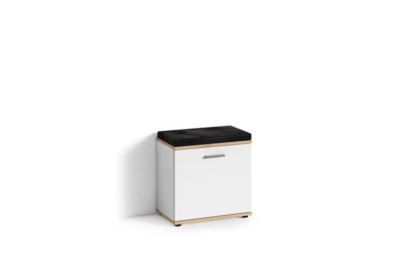 Sitzbank JAKOB / Hocker in Artisan Eiche (Eiche-Optik), schwarz oder Old Wood (Altholz-Optik) mit schwarzem Kunstleder Sitzkissen / Schuhschrank mit Tür / zwei Fächer / Garderoben-Kommode / Schuh-Bank / B 48,5 H 49, T 30 cm