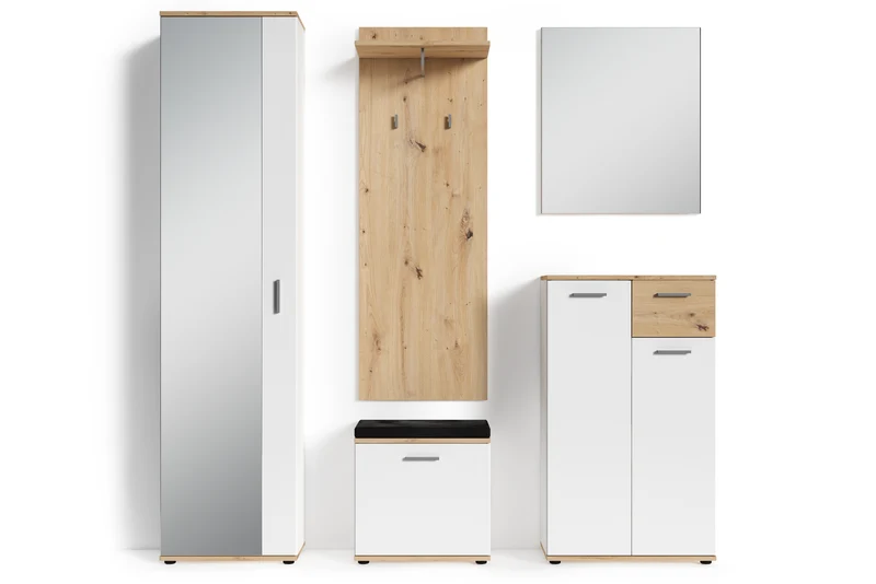 Sitzbank JAKOB / Hocker in Artisan Eiche (Eiche-Optik), schwarz oder Old Wood (Altholz-Optik) mit schwarzem Kunstleder Sitzkissen / Schuhschrank mit Tür / zwei Fächer / Garderoben-Kommode / Schuh-Bank / B 48,5 H 49, T 30 cm