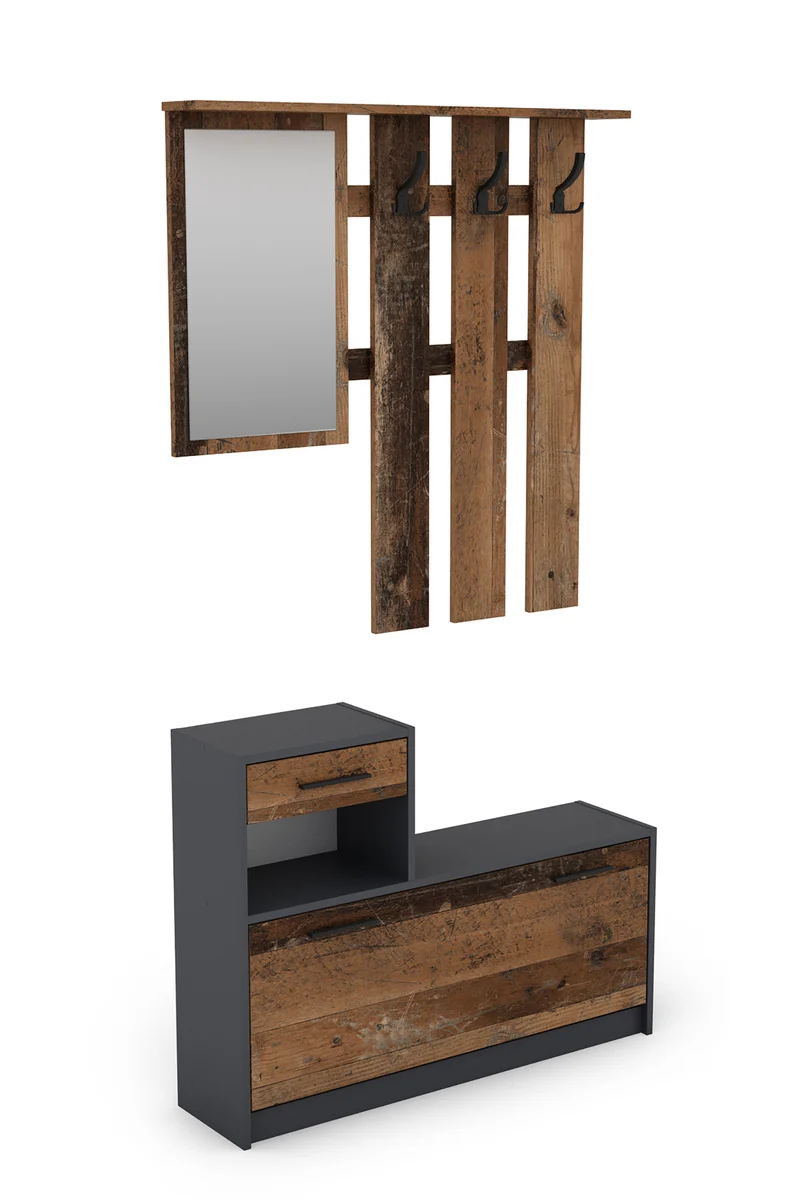 Garderoben-Set TAMINA / Kommode mit Schuhschrank + hängende Garderobe mit Spiegel / in Old Wood (Altholz-Optik), Artisan Eiche (Eiche-Optik) oder Light Atelier (Beton-Optik) / Flur-Schrank / Schränke / Regal / 100 x 190 x 25 cm (B x H x T)