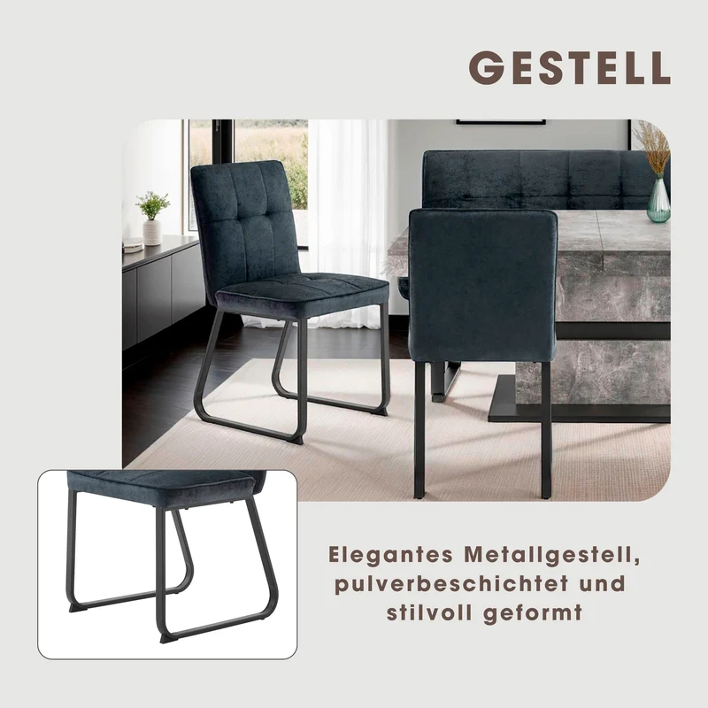 Esszimmerstuhl 2er Set Talea / Webstoff in dunkelgrau oder hellgrau / Gestell Metall in schwarz pulverbeschichtet / Küchenstuhl / Wohnzimmerstuhl / bis 120 kg / B 46, H 86, T 55 cm