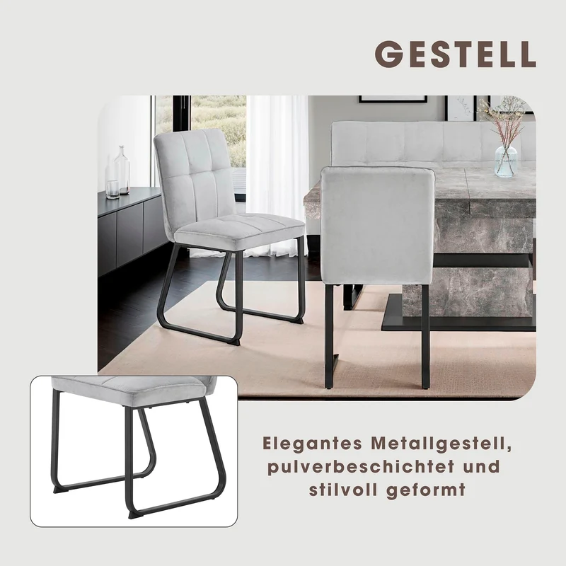 Esszimmerstuhl 2er Set Talea / Webstoff in dunkelgrau oder hellgrau / Gestell Metall in schwarz pulverbeschichtet / Küchenstuhl / Wohnzimmerstuhl / bis 120 kg / B 46, H 86, T 55 cm