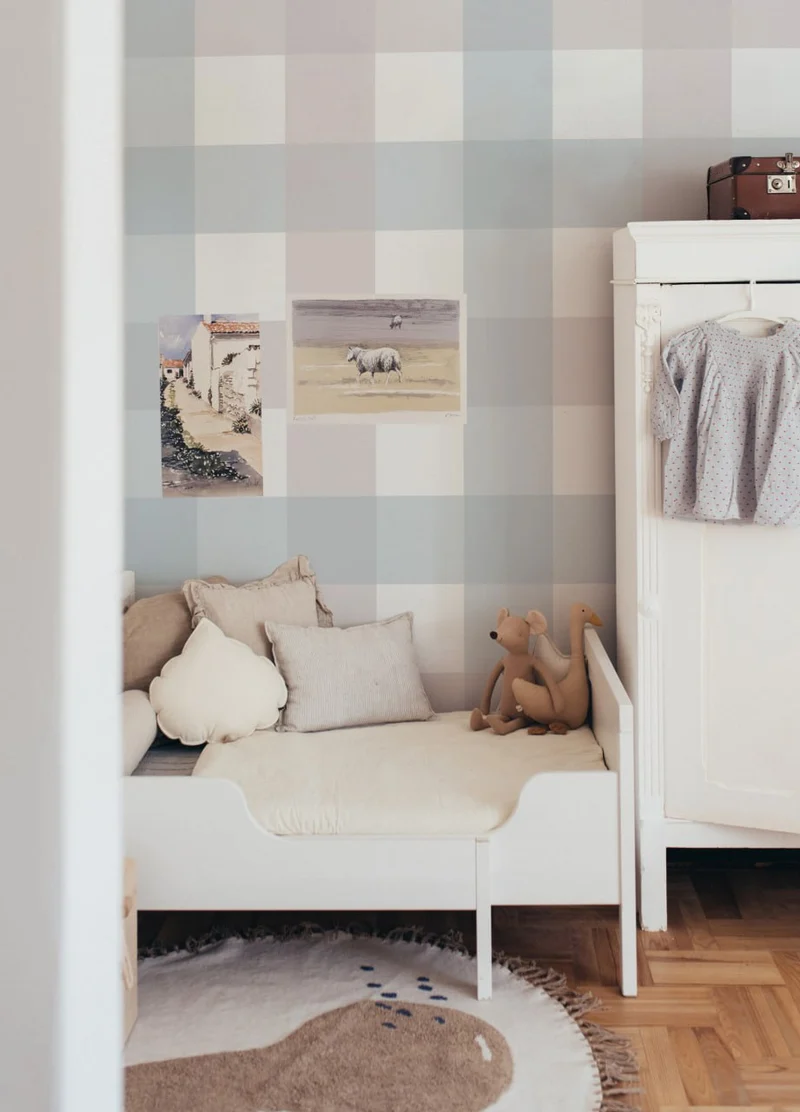 Dekornik Tapete Provence check beige blue medium Streifen 100 x 280