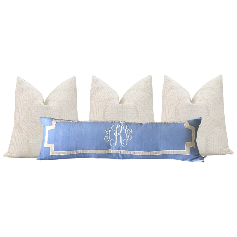 Long French Blue Monogram Pillow Covers (12x40)