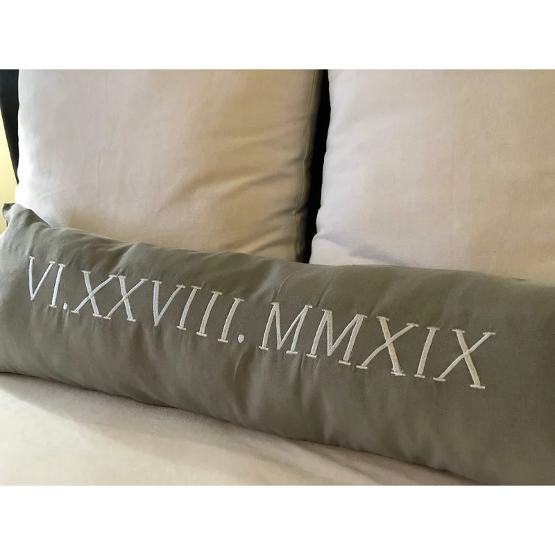Long Lumbar Pillow, Gray Personalized Roman Numerals, Wedding Gifts