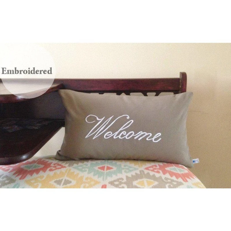 Welcome Taupe outdoor pillows