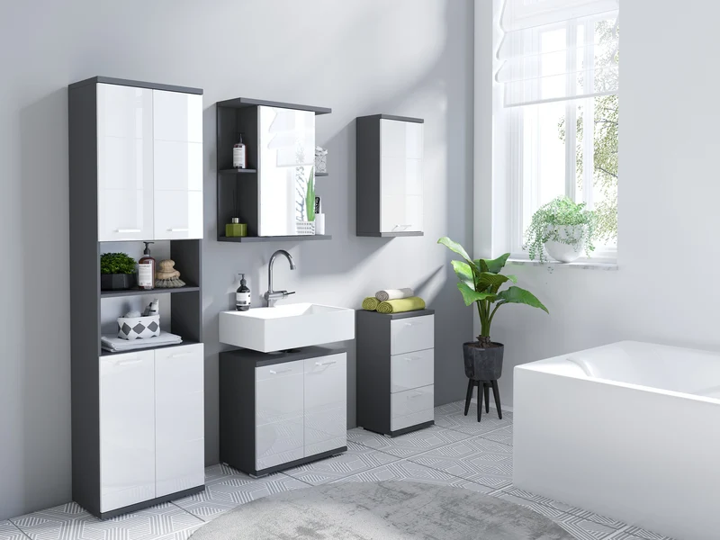 Badezimmer-Hochschrank NEBRASKA / in anthrazit, Sonoma Eiche (Eiche-Optik) oder weiß / B 50, H 192, T 31,5 cm / 4 Türen mit offenen Elementen & viel Stauraum