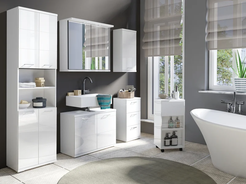 Badezimmer-Hochschrank NEBRASKA / in anthrazit, Sonoma Eiche (Eiche-Optik) oder weiß / B 50, H 192, T 31,5 cm / 4 Türen mit offenen Elementen & viel Stauraum