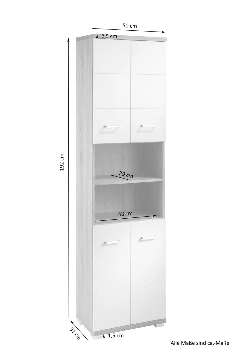 Badezimmer-Hochschrank NEBRASKA / in anthrazit, Sonoma Eiche (Eiche-Optik) oder weiß / B 50, H 192, T 31,5 cm / 4 Türen mit offenen Elementen & viel Stauraum