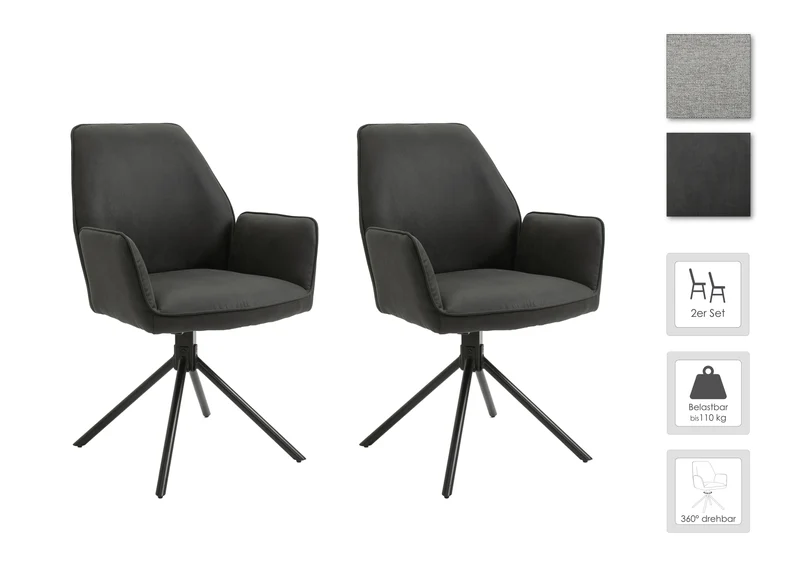 Esszimmerstuhl 2er Set Blair / Microfaser in schwarz, Samt in anthrazit oder Webstoff in hellgrau / Gestell Metall schwarz / Sitzschale 360° drehbar / Esszimmerstuhl / Wohnzimmerstuhl / B 57, H 89, T 61 cm